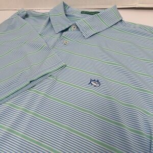 Southern Tide Club Performance Stretch Blue & Green Striped Polo Logo Size XL